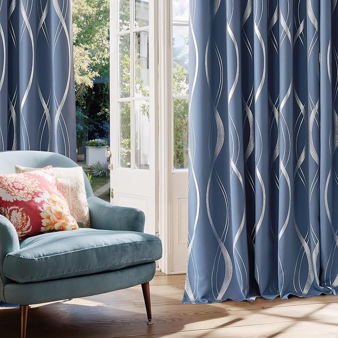 NICETOWN Stone Blue Blackout Living Room Curtain Panels 84 inch Long, W66 x L84, Noise Reducing Thermal Insulated Wave Line Foil Print Design Drapes for Patio Sliding Glass Door, 2 Panels - Image 3