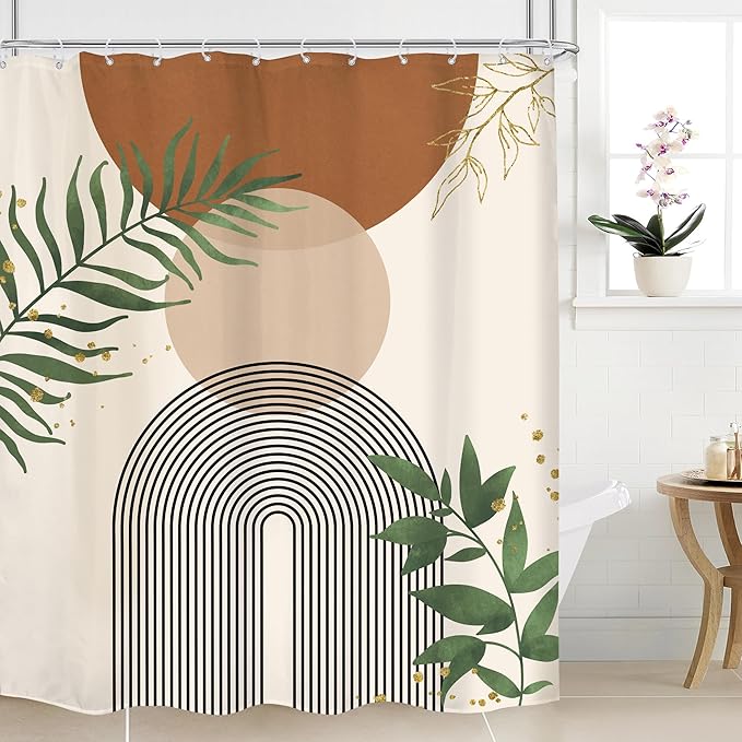 Brown Boho Mid Century Shower Curtain 60Wx72H Abstract Gold Leaves Plant Modern Sun Minimalist Geometric Arch Art Line Bathroom Decor Neutral Bath Curtain Fabric Polyester 12 Pack Hooks by MitpokBrand