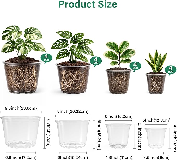 16 Pack 10/8/6/5 Inch Reinforced Large Clear Nursery Pots with Drainage Holes, Transparent Variety Pack Plastic Plant Pot for Vegetable Propagation, Root Cutting, Seed Starting - Image 2