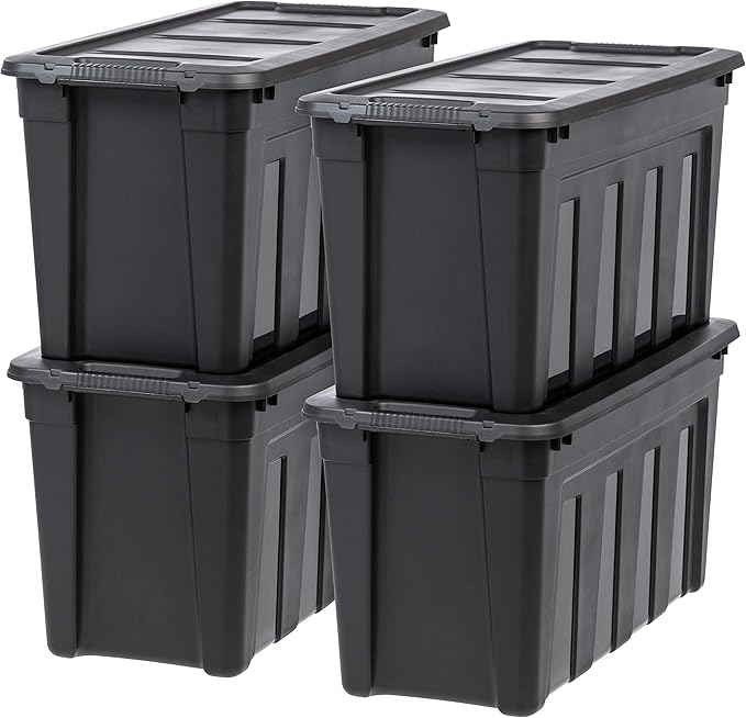 IRIS USA 31 Gallon Heavy Duty Storage Totes with Easy-Grip Handles, 4 Pack - Large Bins with Lids Garage Organizing Tubs, Durable Stackable Utility Containers, Made in USA - Black by IRISUSA