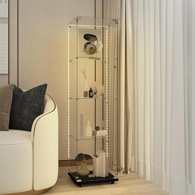Yoluckea 4 Tiers Glass Display Cabinet with Bluetooth LED Light Strip, 1 Door Floor Standing Curio Cabinet with Universal Wheel for Home Office Display, Black Glass Bookshelf for Collections,Clear Top by Yoluckea