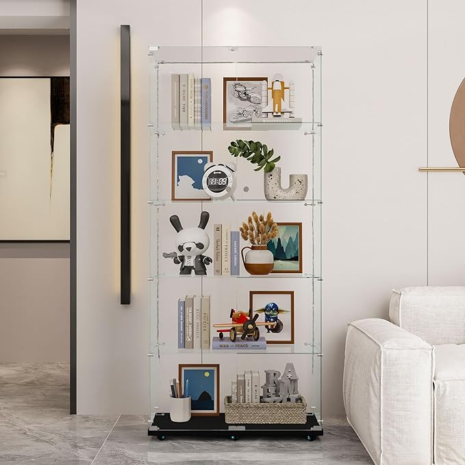 Yoluckea 5 Tiers Glass Display Cabinet with Bluetooth LED Light Strip, 2 Doors Floor Standing Curio Cabinet with Universal Wheel for Home Office Display,Black Glass Bookshelf for Collections,Clear Top - Image 7