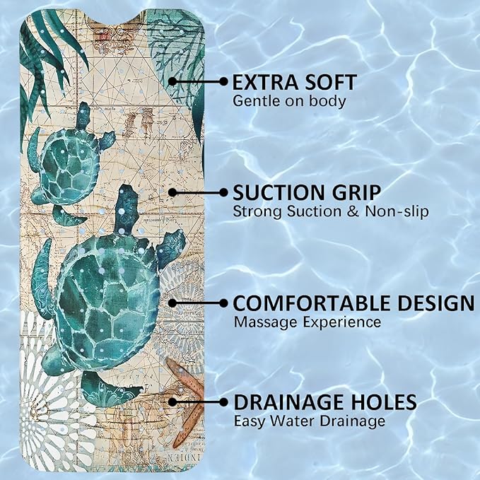 Sea Turtle Bathtub Mat Non Slip, Baby Bath Mat for Tub Rubber Tub Mat, Cute Kids Bath Mats for Bathroom Ocean Beach Anti Slip Shower Mat with Suction and Drain Holes Machine Washable, 40″X16″ - Image 8
