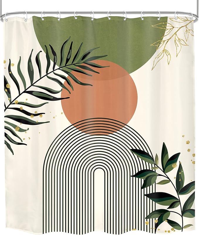Green Boho Shower Curtain 60Wx72H Abstract Bohemian Modern Leaves Mid Century Minimalist Contemporary Plant Bathroom Decor Simple Neutral Bath Curtain Fabric Polyester 12 Pack Hooks - Image 8