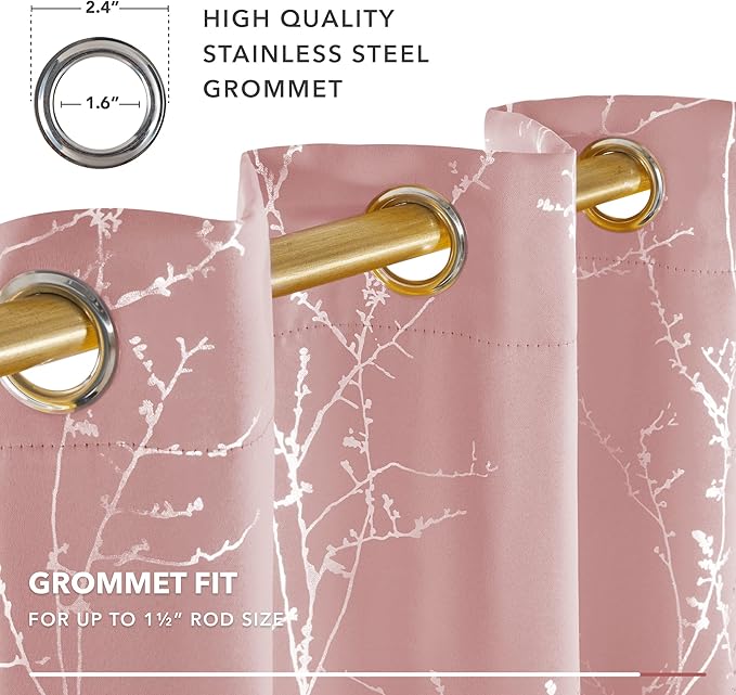 Deconovo Pink Curtains, Blackout Drapes, Thermal Insulated Soundproof Privacy Curtain, Silver Tree Print, 52 x 84 Inch, Machine Washable Window Panels for Girls Bedroom Living Room Nursery, Set of 2 - Image 8