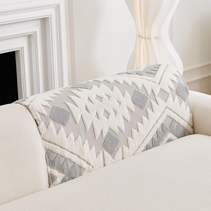 Boho Plush Couch Covers for Sofa Washable, Fuzzy Soft Couch Cover for Sectional Sofa, Non Slip Jacquard Sofa Cover Furniture Protector for Kids, Pets (Light Grey,28"x28") - Image 4