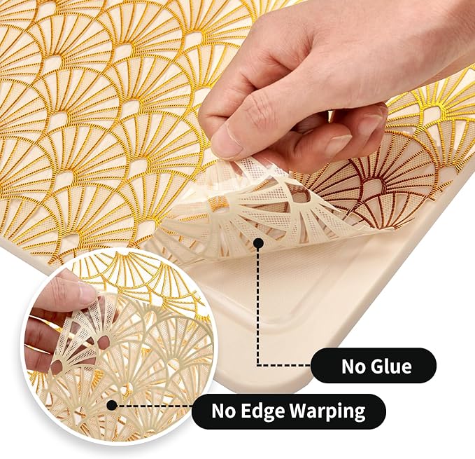 Shelf and Drawer Liner for Kitchen Cabinet,Non-Adhesive Waterproof Oil-Proof Easy Clean Shelf Liner for Dresser & Bathroom Vanities with Adhesive Dots & Cutting Tool(12 in X 30 Ft Gold Fish Scale) - Image 6