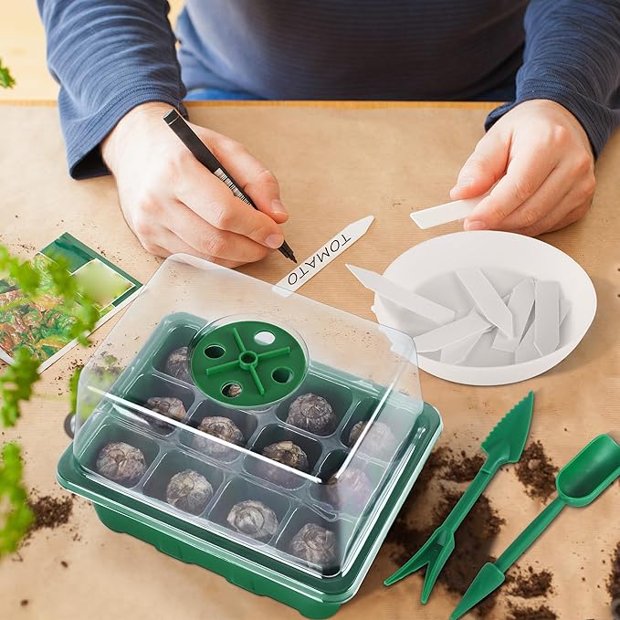 10 Sets Seed Starter Tray Kit Seed Starter Trays with Humidity Dome and Base Include 120 Peat Pellets 200 Plant Labels Garden Tools Plant Germination Tray Set for Indoor Outdoor Planting, Green - Image 7