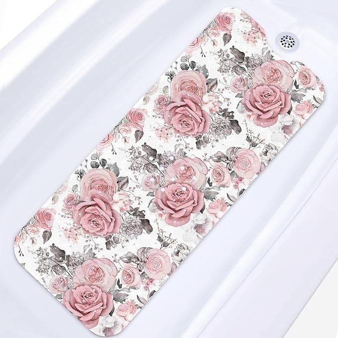 Pink Flower Leaves Bath Mat Non Slip, Floral Rose Spring 40 X 16 Inch Extra Long Bathtub Shower Mat for Tub Anti Slip with Suction Cups and Drain Holes for Kids Adults Elderly by Britown