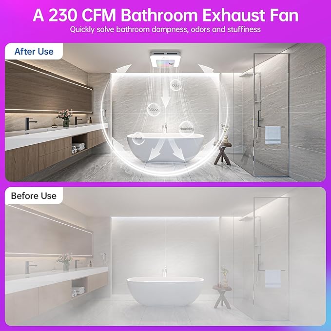 Bathroom Exhaust Fan with Bluetooth Speaker, 230 CFM 1.0 Sone Bathroom Exhaust Fan with Light, 3 Dynamic Light, 7 LED Color, 3 Color Temperatures, Nightlight,Remote, Easy Install (Ivory) - Image 9