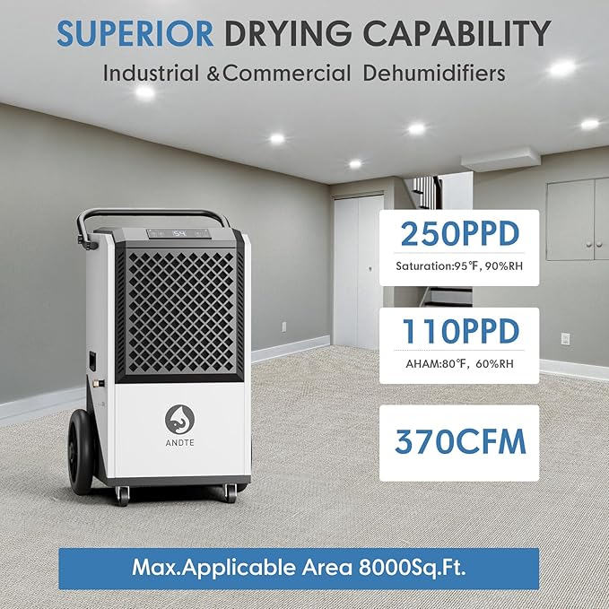 250 Pint Commercial Dehumidifier with Pump 8000sqft Industrial Basements Heavy Duty Commercial-grade Portable Dehumidifiers for Large Spaces,Warehouse Grow Room, Water Damage Restoration - Image 2