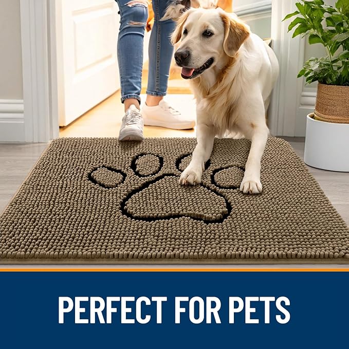 OLANLY Dog Door Mat for Muddy Paws 24x16, Paw Print Design, Absorbs Moisture and Dirt, Absorbent Non-Slip Washable Doormat, Quick Dry Chenille Mud Mat for Dogs, Entry Indoor Entryway Carpet, Tan - Image 6