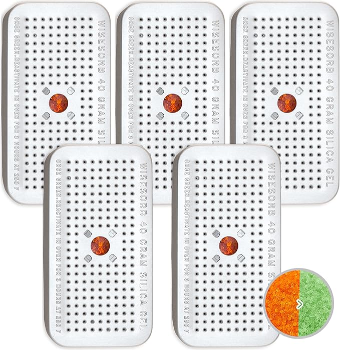 40 Gram Pack of 5 Silica Gel Canister, Gun Safe Dehumidifiers (Orange to Green), Reusable Desiccant Moisture Absorber for Car, Closet by Wisesorb
