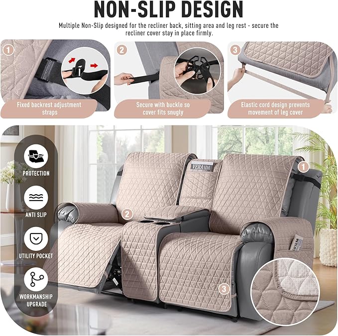 TAOCOCO 100% Waterproof Loveseat Recliner Couch Sofa Covers with Console,Double Reclining Couch Cover Non-Slip Sofa Slipcovers Washable,Furniture Protector Covers for Kids,Pets(2 Seater,Pink) - Image 5