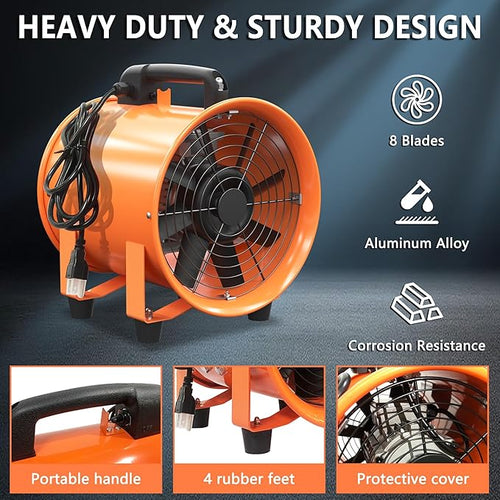 10 Inch Utility Blower Fan 1600CFM Industrial Portable Exhaust Fan with 16.4Ft Duct Hose, 3300 r/min High Velocity Ventilation Extraction and Ventilation Fan - Image 2