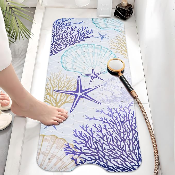 Ocean Bathtub Mat Non Slip, Cute Baby Bath Mat for Tub Rubber Tub Mat, Coral Seashells Toddler Kids Bath Mats for Bathroom Anti Slip Shower Mat with Suction and Drain Holes Machine Washable, 40″x16″ - Image 3