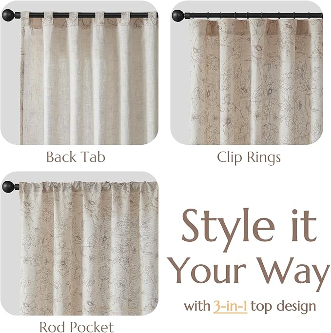 jinchan Floral Linen Curtains for Living Room 63 Inch Length Taupe Flower Curtain Rod Pocket Back Tab Farmhouse Curtains with Printed Floral Bedroom Window Curtain Set, 2 Panels Taupe - Image 4