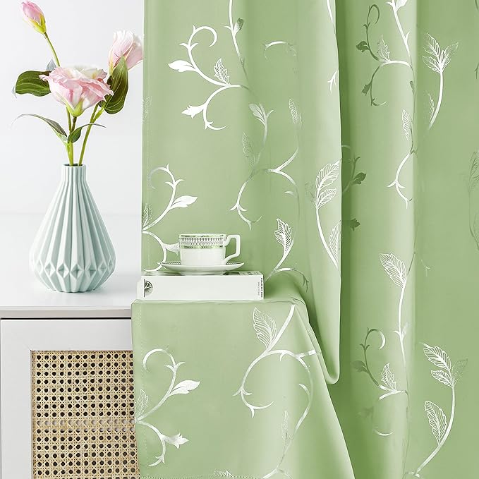 BUHUA Blackout Curtains Silver Foil Print Flower Vine Grommet Drapes, Room Darkening Thermal Insulated Curtains, Noise Reducing Curtain for Bedroom, Grass Green, 52Wx72L, 2 Panels - Image 4