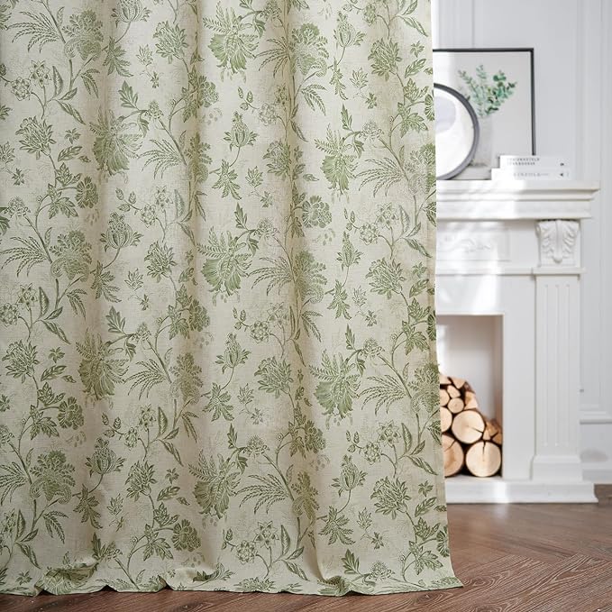 jinchan Linen Floral Curtains for Living Room with Printed Flower 63 Inches Long Light Filtering French Country Back Tab Rod Pocket Sage Green Window Curtain Set Farmhouse Drapes 2 Panels - Image 3