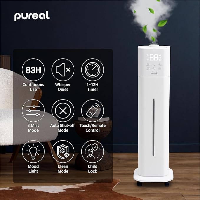 Pureal 10L Tower Humidifier, 83H Runtime, Warm & Cool Mist, Large Room, Top-Fill Tank On Wheels, Auto Mode, 12H Timer, Remote Control, Mood Light, White - Image 2