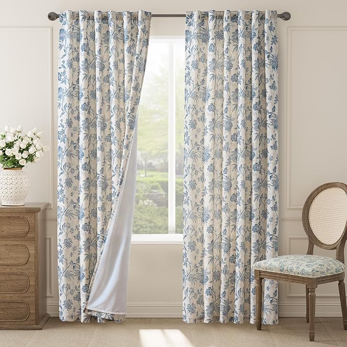 jinchan Lined Linen Floral Curtains for Living Room, 84 Inch Length Printed Flower Farmhouse Patterned French Country Back Tab Blue Window Drapes Set Privacy Bedroom Curtains, 2 Panels by JINCHAN