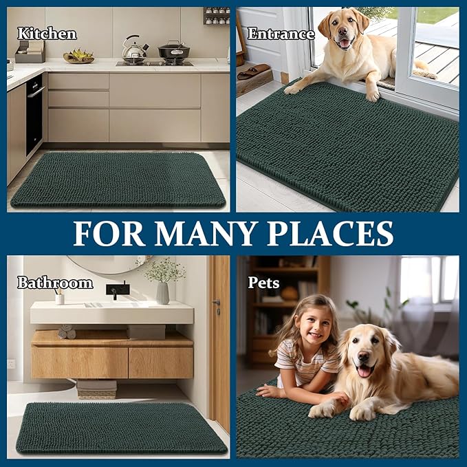 OLANLY Dog Door Mat for Muddy Paws 30x17, Absorbs Moisture and Dirt, Absorbent Non-Slip Washable Doormat, Quick Dry Chenille Mud Mat, Entry Indoor Entryway Carpet for Inside Floor, Blackish Green - Image 8