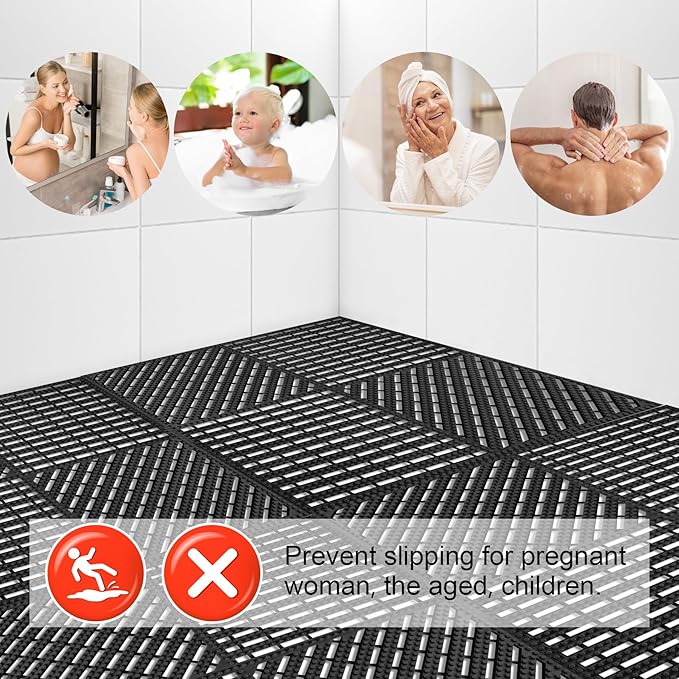 MYFAMIREA Modular Interlocking Cushion 12 Pack 11.8" x 11.8" Rubber Floor Tiles Non-Slip Splicing Drainage Mats for Deck, Pool, Shower, Patio, Balcony, Bathroom, Kitchen, Yard (2 Rows Dots, Black) - Image 6