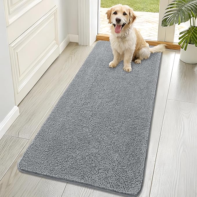 OLANLY Dog Door Mat for Muddy Paws 70x32, Absorbs Moisture and Dirt, Absorbent Non-Slip Washable Doormat, Quick Dry Chenille Mud Mat for Dogs, Entry Indoor Entryway Carpet for Inside Floor, Grey by OLANLY