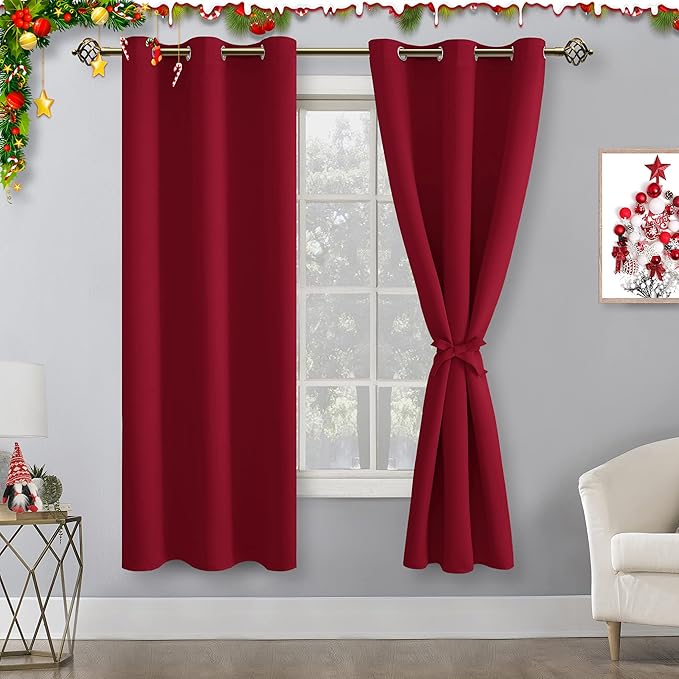 Hiasan Blackout Curtains for Bedroom, 38 x 63 Inches Length - Thermal Insulated & Light Blocking Window Curtains for Living Room, 2 Drape Panels Sewn with Tiebacks, Christmas Red - Image 2