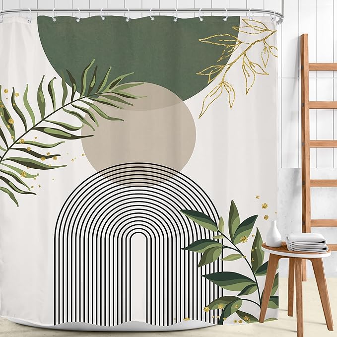 Green Boho Shower Curtain Extra Long Modern Abstract Bohemian Green Gold Minimalist Leaves Mid Century Arch Bathroom Decor Geometric Plant 72Wx84H Bath Curtain Fabric Polyester 12 Pack Hooks - Image 2