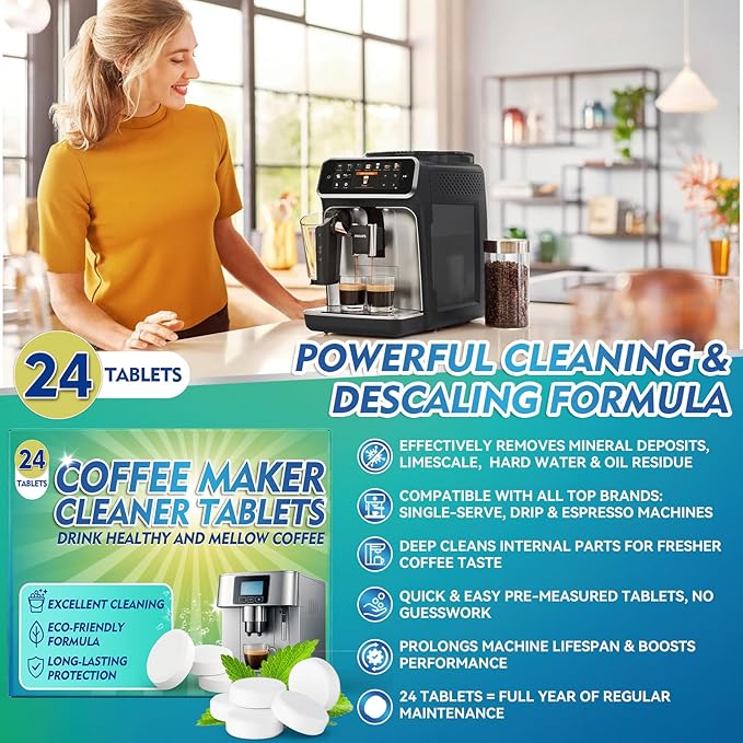 Coffee Machine Cleaner Descaler Tablets, 24 Count, Coffee Maker Cleaner Compatible With Nespresso, Keurig, Ninja, Delonghi, Espresso Machine Cleaning Tabs, Descaling Solution for Coffee Pot Maker - Image 2