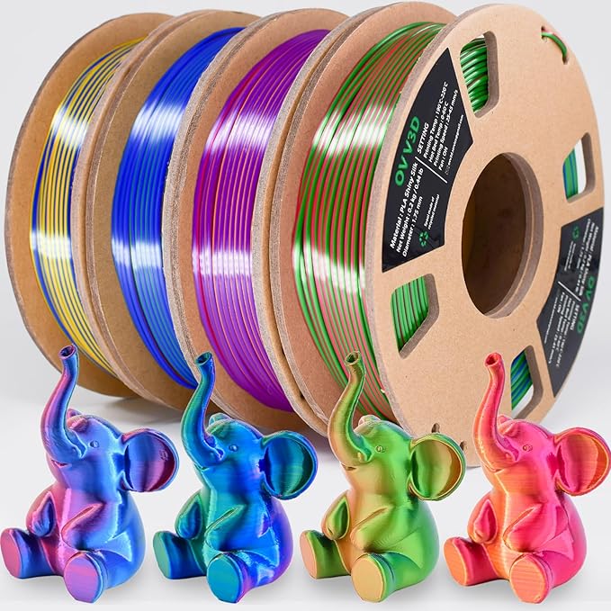 PLA Filament 1.75mm, Tri-Colors 3D Printer Filament, Rainbow PLA Filament Bundle, Coextrusion 3D Filament with Silk PLA Color Change, 3D Printing Filament +/-0.02mm, 200g X 4 Spool - Image 8