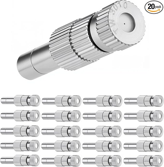 Mornajina 20 Pcs Brass Misting Nozzles Mister Replacement Nozzles with Filter Mesh Fit 1/4" Water Misting Nozzle Tees, 0.012"/0.3mm Orifice Misting System Heads Sprayer for Outdoor Cooling System by Mornajina