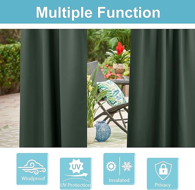 RYB HOME Waterproof Outdoor Curtains - Sunlight Block Windproof Privacy Outside Deck for Patio Porch Balcony Pergola Shower Enclosure, W 52 x L 90 inches, 1 Panel, Dark Green - Image 5