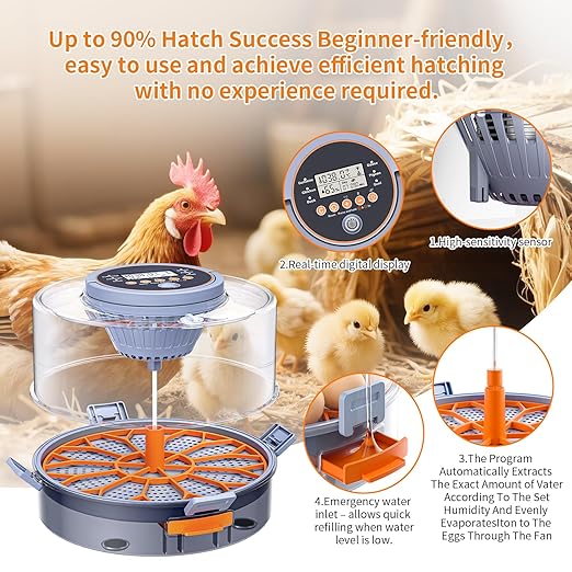 Incubator, Egg Incubator, Incubator for Hatching Eggs with Egg Candler, Automatic Egg Turner, Temperature& Humidity Control for Chicken, Duck, Quail,Goose, Carrying Handle Design,360° Viewing - Image 5
