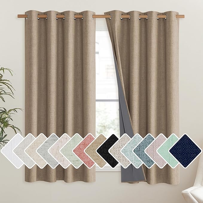 NICETOWN Burlap Vintage Open Linen Weave Flax Thermal Curtains, 100% Blackout Curtains 48" Long for Dining Room, Soundproof Window Treatment Drapes for Hall Room, 52" Wide Per Panel, Set of 2 by NICETOWN