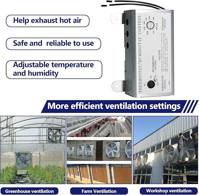 Hiorucet Attic Fan with Thermostat Humidistat Controller, Adjustable Temperature Humidity Controller for Workshops Greenhouses Garages, Attic Ventilator Fan Thermostat Humidistat Control Box - Image 5