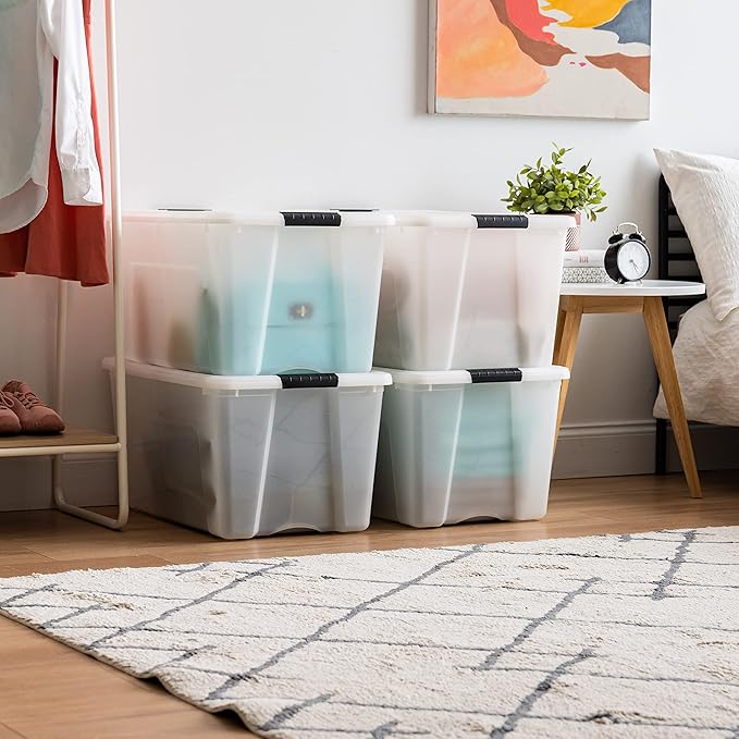 IRIS USA 72 QT Plastic Storage Box with Lid and Latches - 4 Pack - BPA-Free, Discreet Organizing Solution, Durable Nestable Stackable Containers, Secure Pull Handle - Pearl - Image 3