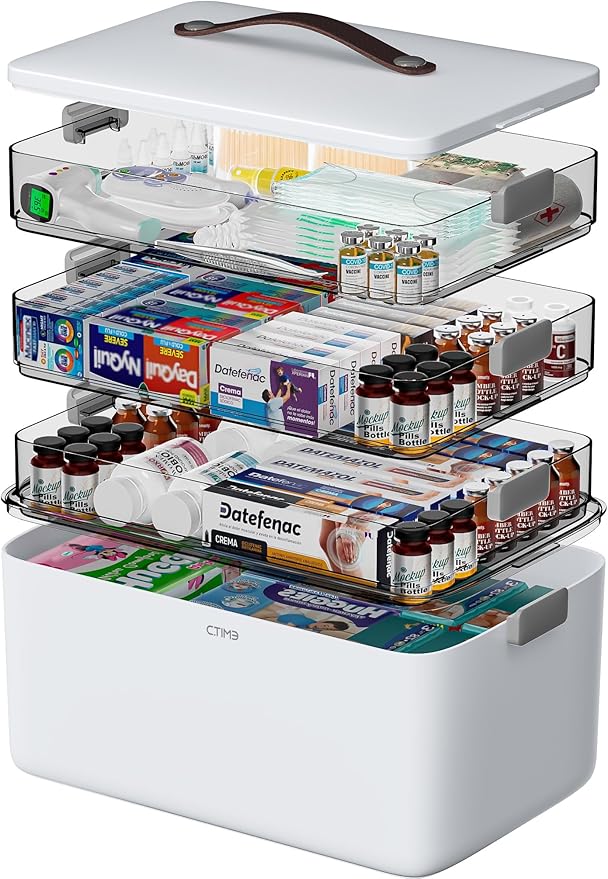 CTIME 4-Tier XL Medicine Organizer - Portable Medicine Cabinet with Leather Handle, Empty First Aid Kit for Home Organization Must, School, Dormitory, Travel, RV, Dorm, Ideal Elderly Gift by CTIME