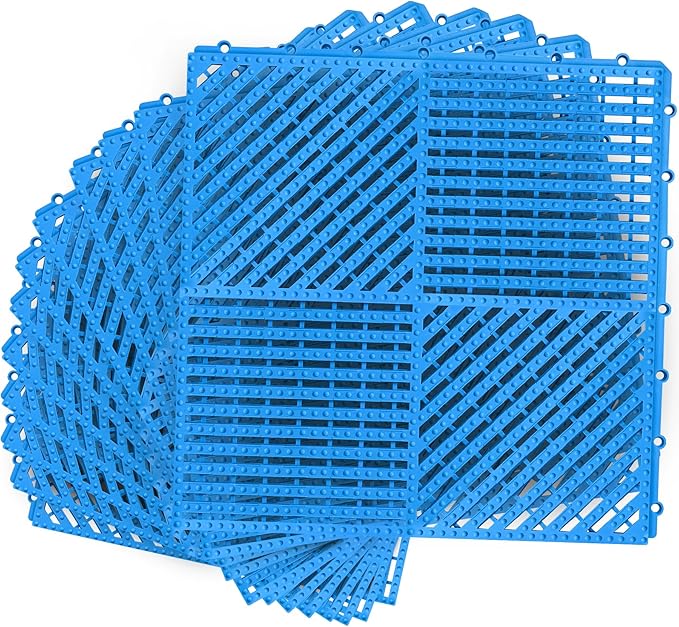 MYFAMIREA Modular Interlocking Cushion 12 Pack 11.8" x 11.8" Rubber Floor Tiles Non-Slip Splicing Drainage Mats for Deck, Pool, Shower, Patio, Balcony, Bathroom, Kitchen, Yard (1 Rows Dots, Blue) by MYFAMIREA