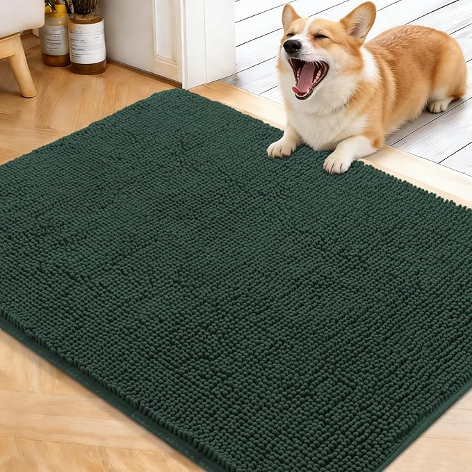 OLANLY Dog Door Mat for Muddy Paws 40x32, Absorbs Moisture and Dirt, Absorbent Non-Slip Washable Doormat, Quick Dry Chenille Mud Mat, Entry Indoor Entryway Carpet for Inside Floor, Blackish Green by OLANLY