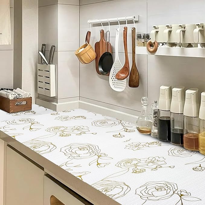 Shelf and Drawer Liner for Kitchen Cabinets Non-Adhesive, Strong Grip Non-Slip Thickened Drawer Liners for Dresser, Cupboard Liner with Knife and Tape Measure, Gold Floral, 12 in x 10 Feet - Image 8