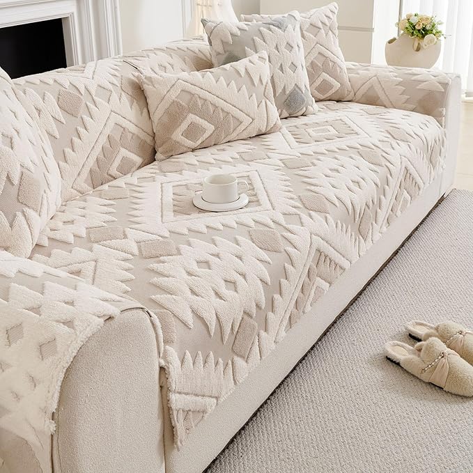 Boho Plush Couch Covers for Sofa Washable, Fuzzy Soft Couch Cover for Sectional Sofa, Non Slip Jacquard Sofa Cover Furniture Protector for Kids, Pets (Light Coffee,36"x36") - Image 5