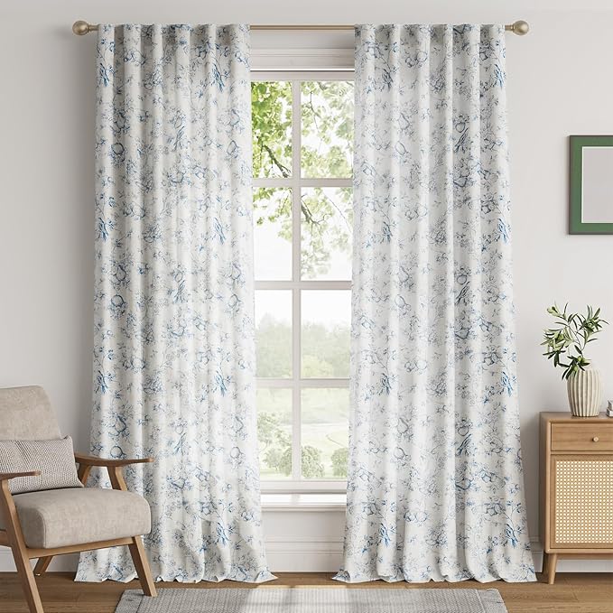 jinchan Linen Floral Curtains for Living Room 96 Inch Length Blue Printed Flower French Country Curtain Farmhouse Cottage Core Toile Curtains Back Tab Light Filtering Window Drapes Set 2 Panels - Image 2