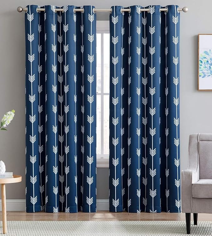 HLC.ME Arrow Printed Blackout Room Darkening Thermal Grommet Window Curtain Drape Panels for Bedroom - Set of 2 - Navy Blue - 84" inch Long by HomeLinenCollections