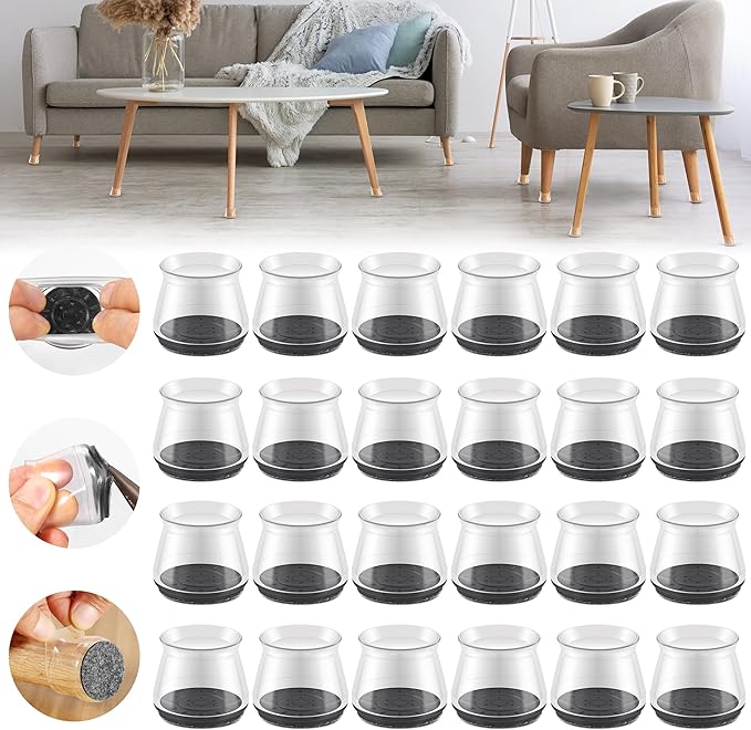 24PCS Upgraded Silicone Chair Leg Floor Protectors for Hardwood Floors, Furniture Sliders for Chair Legs, Felt Bottom Furniture Pads, Anti-Slip Round&Square Cap Covers to Scratch and Reduce Noise by Violibar