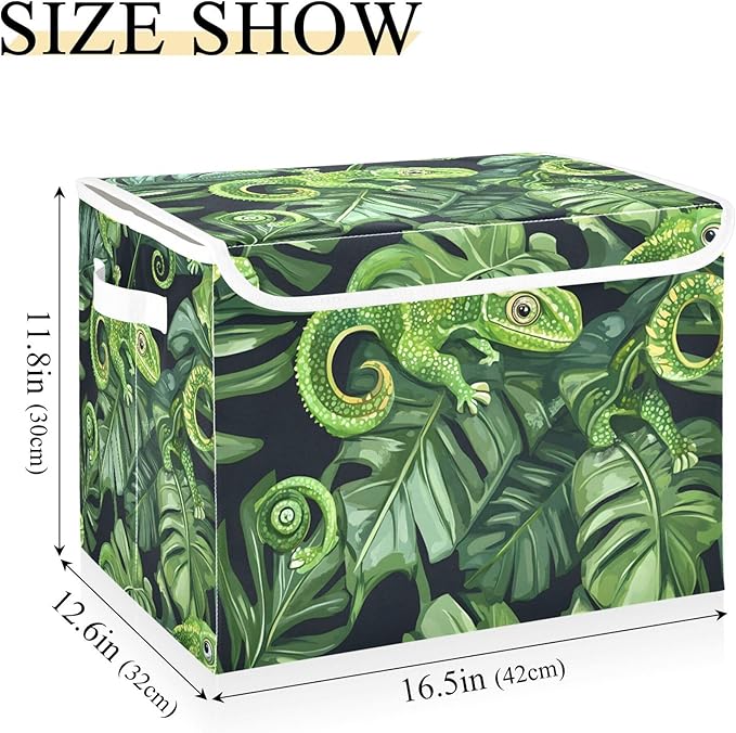 xigua Green Chameleons Storage Bins with Lids and Carrying Handle,Foldable Storage Boxes Organizer Containers Baskets Cube with Cover for Home Bedroom Closet Office Nursery - Image 3