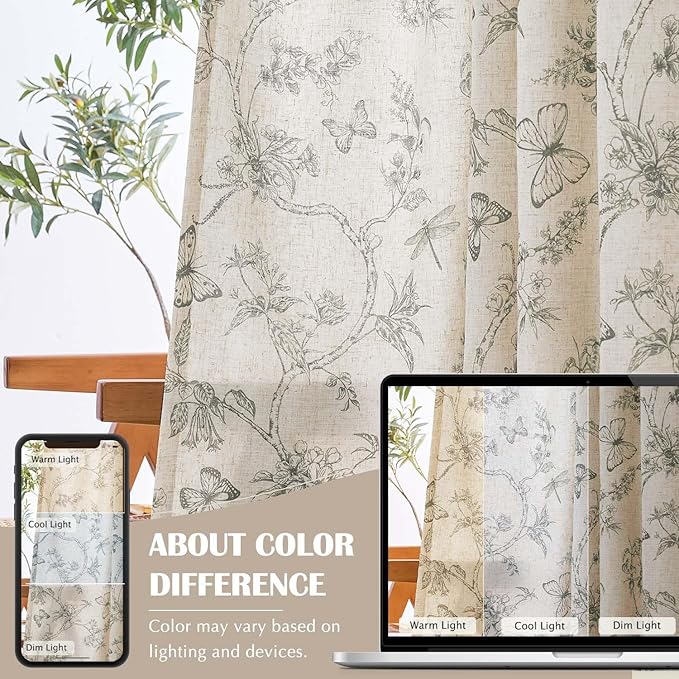 jinchan Floral Curtains Lined Linen Blend Curtain for Living Room 96 Inch Length Grey Flower Farmhouse Curtains French Country Gray Patterned Curtain Drapes Back Tab Rod Pocket 2 Panels - Image 6