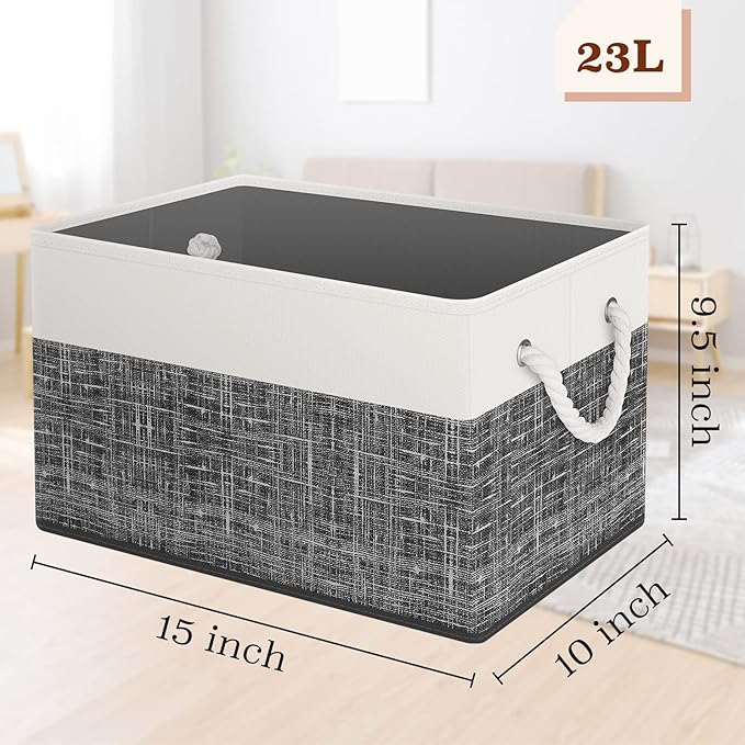 Storage Bin,Collapsible Storage Basket For Organizing,Large Storage Boxes With Rope Handles,Storage Containers,White & Black,6 Pack - Image 2