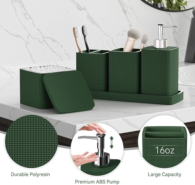 Dark Green Bathroom Accessories Set 5 Pieces, Resin Toothbrush Holders Set Complete with Soap Dispenser, Toothbrush Holder, Vanity Tray, Bathroom Tumbler and Qtip Holder for Small Spaces - Image 4